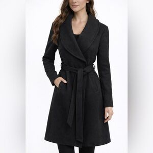 Karl Lagerfeld Black Wool Blend Wrap Coat with Faux Fur Collar – Size L